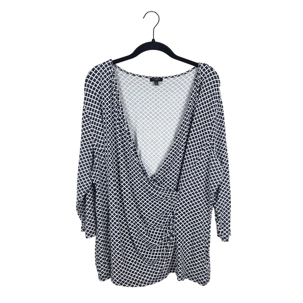 Talbots Woman 2X Navy‎ White Geometric Faux Wrap Top 3/4 Sleeve Business Casual